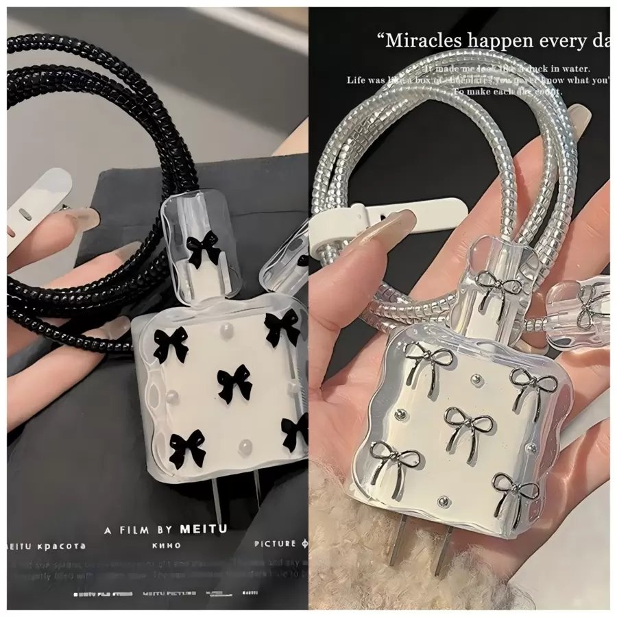 Set de 5 piezas de protectores de cargador y cable en estilo lazo negro transparente, compatibles con 14 Pro Max/13/12/11 con cargador rápido de 18/20W, para prevenir que el cable se rompa, regalo perfecto para ella o él - Multicolor - Ver 1