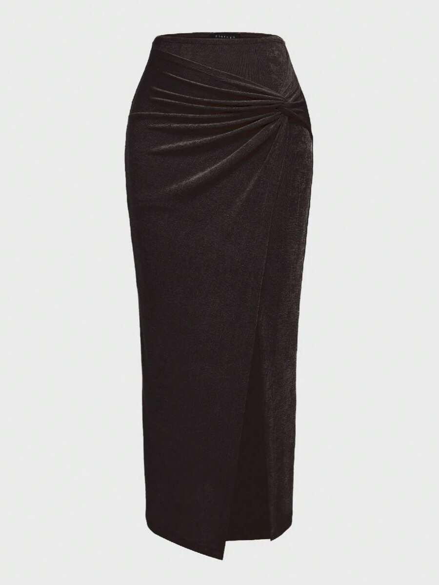 Glamful Floreya French Style High Waist Twist Pleated Crossover Design Waist Slit Fitted Midi Pencil Skirt, Elegant & - Black - View 1