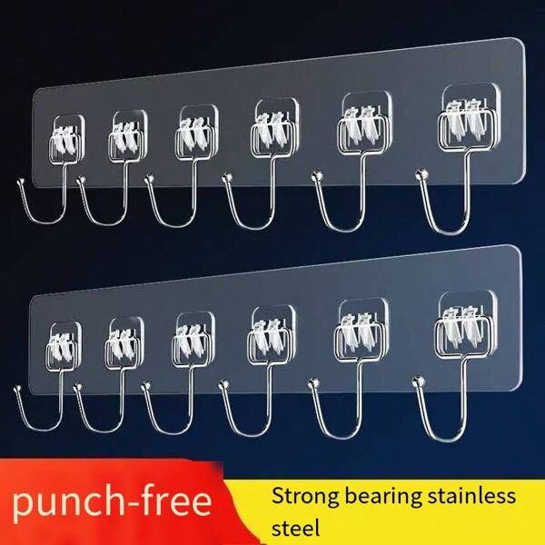 1 pieza/2 piezas Ganchos autoadhesivos súper resistentes de 6 filas sin agujeros para pared, cocina, baño, universal transparente