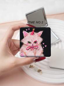 1pc Vintage Millennium Kitten Series Portable Vanity Mirror, Folding Lightweight Ultra Thin Convenient Hand Mirror, PU Leather Case, Stainless Steel Metal Vacuum Plated, Multi-Scene For All People, Folding Square Pocket Mirror