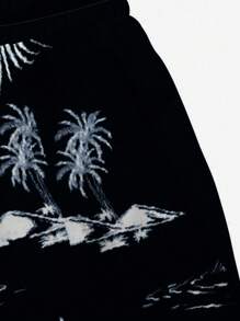 Men's Coconut & Sailboat Graphic Printed Swim Trunks, Casual Daily Beach Shorts, 3D Digital Printing, Drawstring Waist, Single Layer, No Lining, Hawaiian