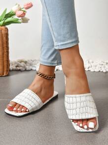 Women Flat Slip On Sandals With Slip-On Stone Texture, Matching Color Insole, Lightweight Breathable Design For Daily Wear In Summer - White - View 5