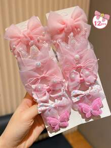 12pcs Pink Cute Flower & Bowknot Hair Clips, Suitable For Teens To Wear In Daily Life And School