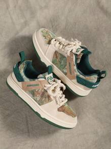 女士复古油画风格系带圆头休闲运动鞋，舒适街头生活方式情侣户外运动鞋 - 米色 - 查看 7