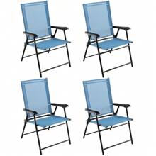 Set Of 4 Patio Folding Dining Chairs Outdoor Portable Sling Back Chairs - 藍色 - 查看 1