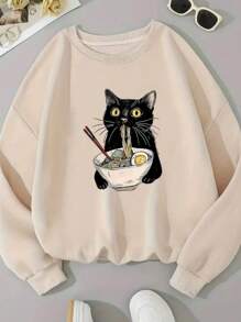 Fashion Cute Cat Print Sweatshirt Women Round Neck Sweatshirt For All Seasons