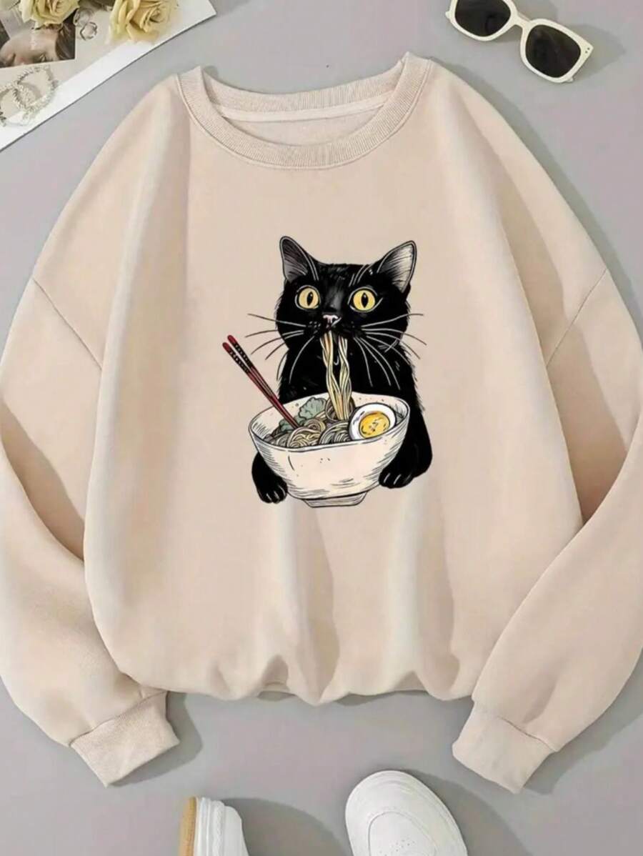 Fashion Cute Cat Print Sweatshirt Women Round Neck Sweatshirt For All Seasons