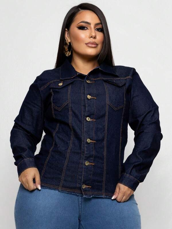 Jaqueta Jeans Plus Size com Lycra e Botões Modelo Blusão