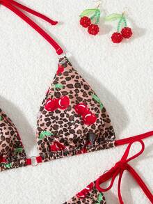 女士 2 件套樱桃印花比基尼套装，露背系带，简约性感夏季泳装 - 彩色 - 查看 5