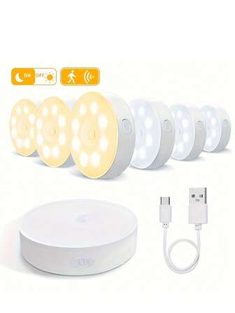 1/3/6 LED Step Light With Motion Sensor, USB Charging Night Light, Switch Brightness Adjustable, Semi-Recessed Wall Mount, Suitable For Kitchen, Cabinets, Stairs, Wardrobe, Room - Plastic, White, Magnetic, Dimmable, Energy Efficient, Removable (Built-In 250mAh Lithium Battery)