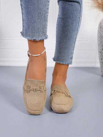 2025 新款女士方头莫卡辛平底便鞋，时尚休闲室内/室外穿着，宴会，带扣装饰，四季轻便防滑平底鞋，简约休闲舒适