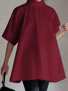 女士时尚休闲宽松立领短袖套头衫，配蘑菇纽扣