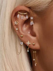 1 pièce Boucle d'oreille étoile et lune à pompons superposés pour femmes | Bijou hypoallergénique en argent sterling 925 | Boucle d'oreille clou de style de luxe, légère pour un port quotidien, soirée, mariage | Cadeau de Ramadan
