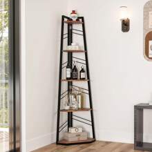 Corner Shelf 5 Tiers, Industrial Bookshelf Modern Floorstanding Corner Bookcase Ladder Shelf Wooden Open Display Shelving Unit For Living Room, Hallway, Home Office, Rustic Brown Book Shelf - Apricot - View 1