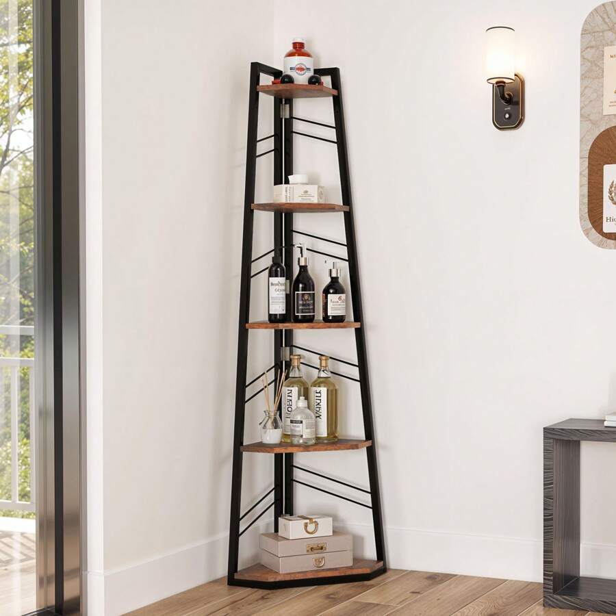 Corner Shelf 5 Tiers, Industrial Bookshelf Modern Floorstanding Corner Bookcase Ladder Shelf Wooden Open Display Shelving Unit For Living Room, Hallway, Home Office, Rustic Brown Book Shelf - Apricot - View 1