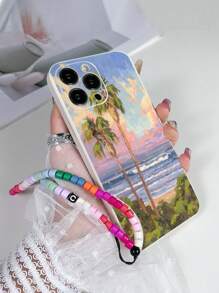 1 pieza Funda de teléfono antideslizante con pintura de olas de playa en TPU blanco y 1 pieza Correa de muñeca con cuentas de colores, compatible con iPhone/Fundas de teléfono a juego/Fundas de teléfono con cordón/Fundas de teléfono con pulsera/Fundas de teléfono divertidas/Fundas de teléfono Android///OPPO/Galaxy A51 4G/Galaxy A52/A52s 5G