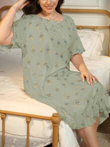 Pijama RS de talla grande para mujer, con estampado de rosas, de gasa con volantes y cuello cuadrado, Camisón, vestido largo para vacaciones