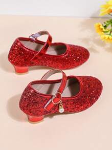 Neue Mädchen Mode glitzernde Hochabsatz Schuhe, flache Spitzschuh Schnallenverschluss Prinzessin Tanzperformance Schuhe für ältere Kinder