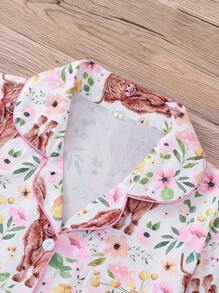 Two-Piece Women's Cow And Flower Print Pajamas, Casual And Comfortable Short-Sleeved Shirt And Shorts Set, Women's Pajamas - 白色 - 查看 3
