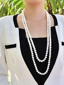 1pc Fashionable Simple Korean Style Faux Pearl Necklace, Multi-Layer Sweater Chain Choker, Elegant Women Faux Pearl Beaded Knotted Necklace Suitable For Vacation, Casual Occasions, Parties