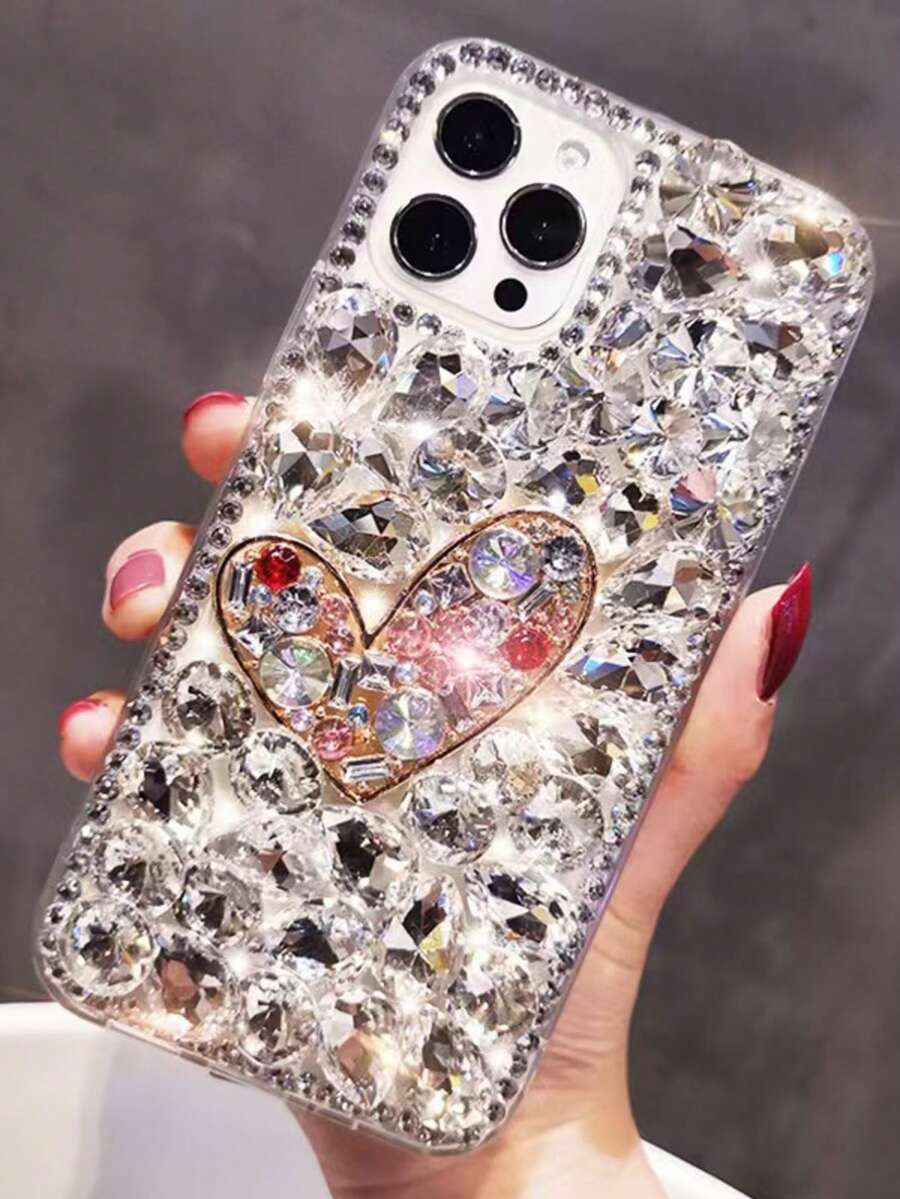 Luxury Bling Heart Rhinestone Phone Case Compatible With IPhone 17 Pro Max/17 Pro/17, 15 Pro Max/15 Pro/15, 16 Pro Max/16 Pro/16, 13, Elegant Design For Women - White - View 1