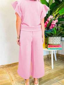 Acelitt Setelan Atasan Crop Top Rajut Warna Polos dengan Lengan Ruffle dan Resleting serta Celana Panjang Lebar untuk Musim Panas, Kasual untuk di Rumah dan Luar Ruangan, Warna Pink Elegan - Berwarna merah muda - View 2