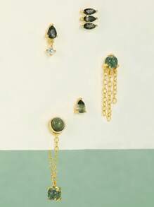 1 pieza Pendientes de plata de ley 925 con ágata de musgo natural para mujer, pendientes minimalistas de encaje plano para boda, fiesta, novia y joyería fina