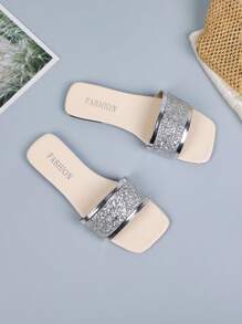 女士平底休闲沙滩凉鞋，闪亮圆头一脚蹬 - 銀色 - 查看 7