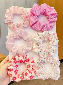 6pcs Floral & Plaid Scrunchies For Teens, Sweet & Fresh Style Hair Ties For Ponytail & Buns, No Card Packaging - Pink - View 5