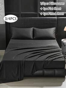3/4 件黑色条纹图案提花床单套件，奢华现代床单和床笠四季皆宜床上用品套件（1 件床单 + 1 件床笠 + 1/2 个枕套） - 黑色 - 查看 1