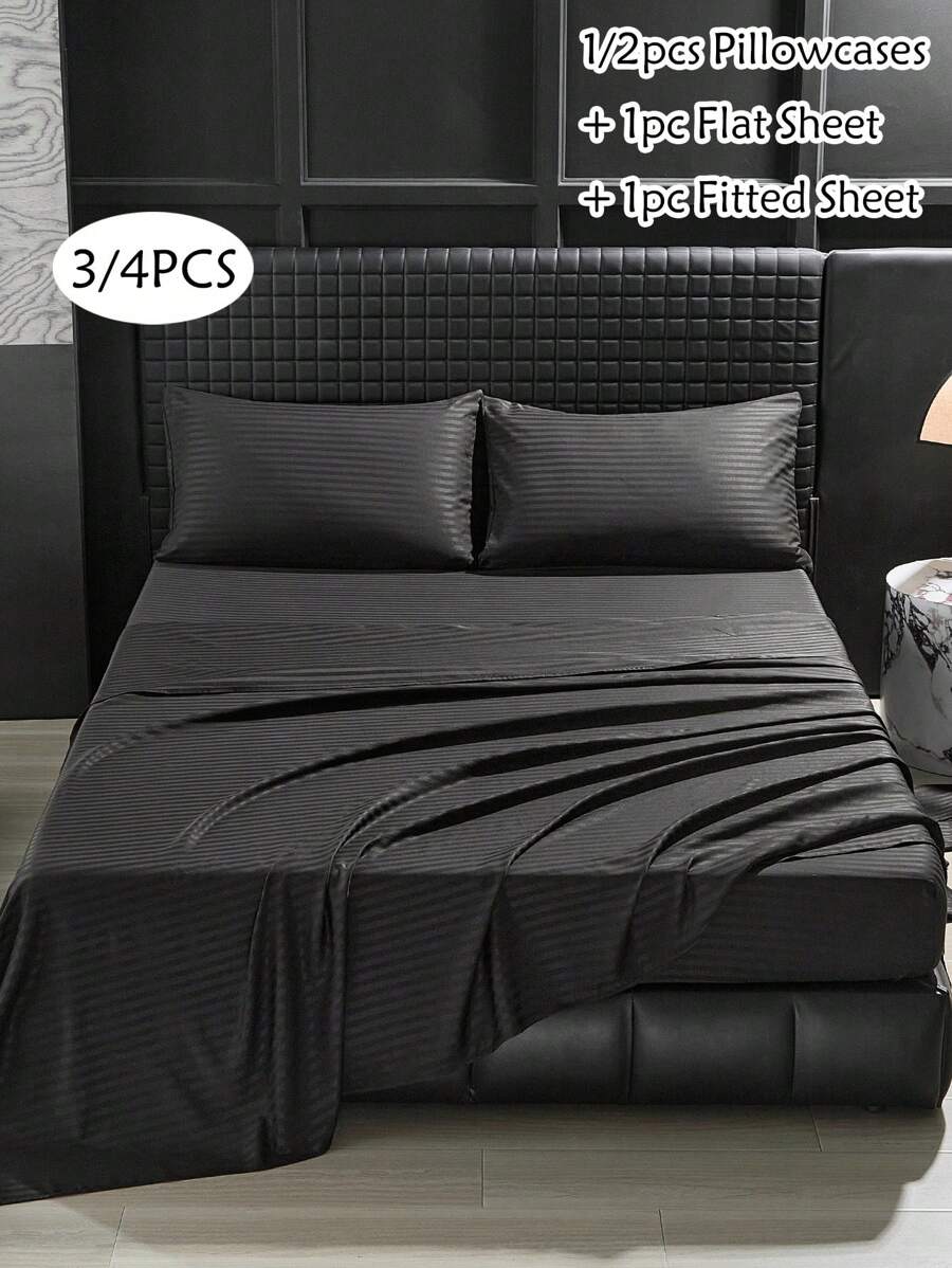 3/4 件黑色条纹图案提花床单套件，奢华现代床单和床笠四季皆宜床上用品套件（1 件床单 + 1 件床笠 + 1/2 个枕套） - 黑色 - 查看 1