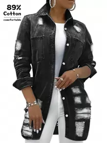 Women's Casual Mid-Length Distressed Washed Denim Jacket, Autumn - Dark Grey - View 1