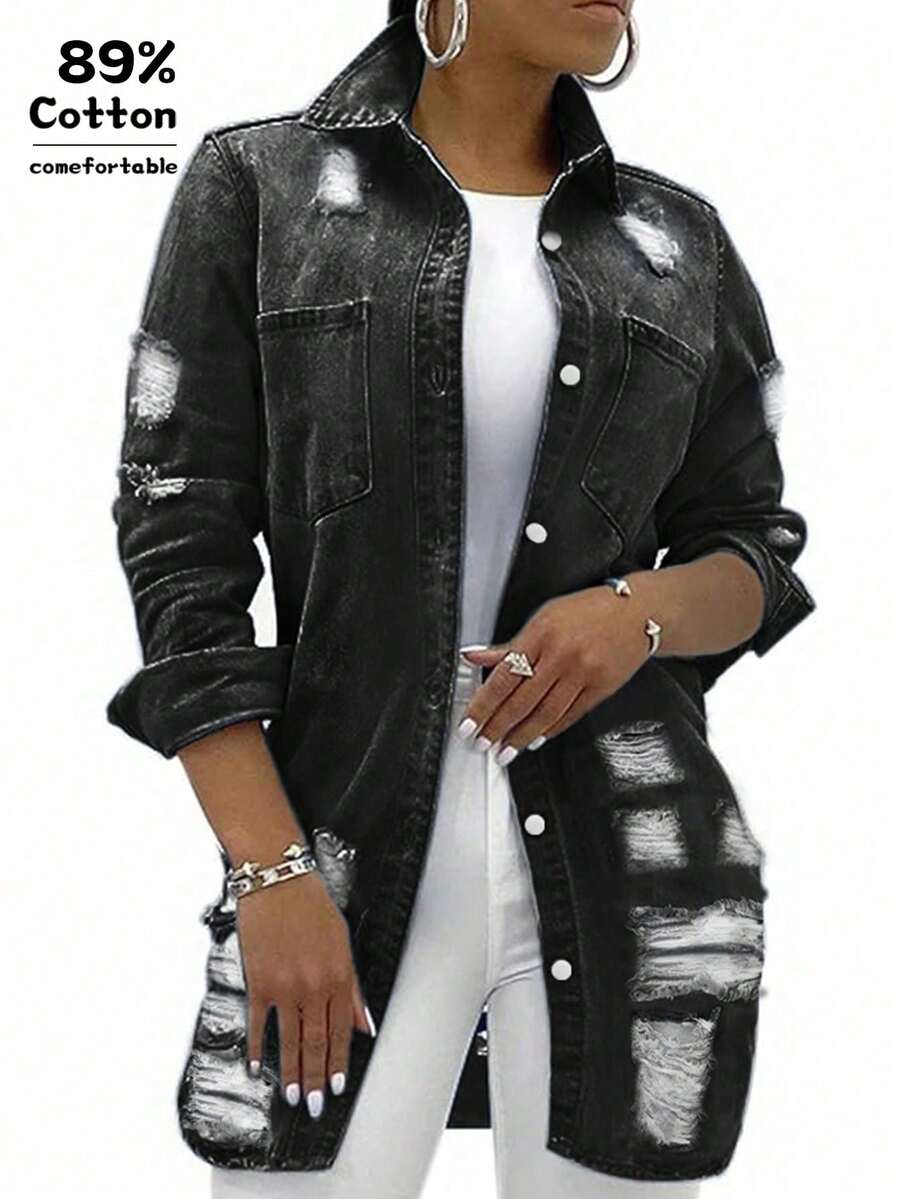 Women's Casual Mid-Length Distressed Washed Denim Jacket, Autumn - Dark Grey - View 1