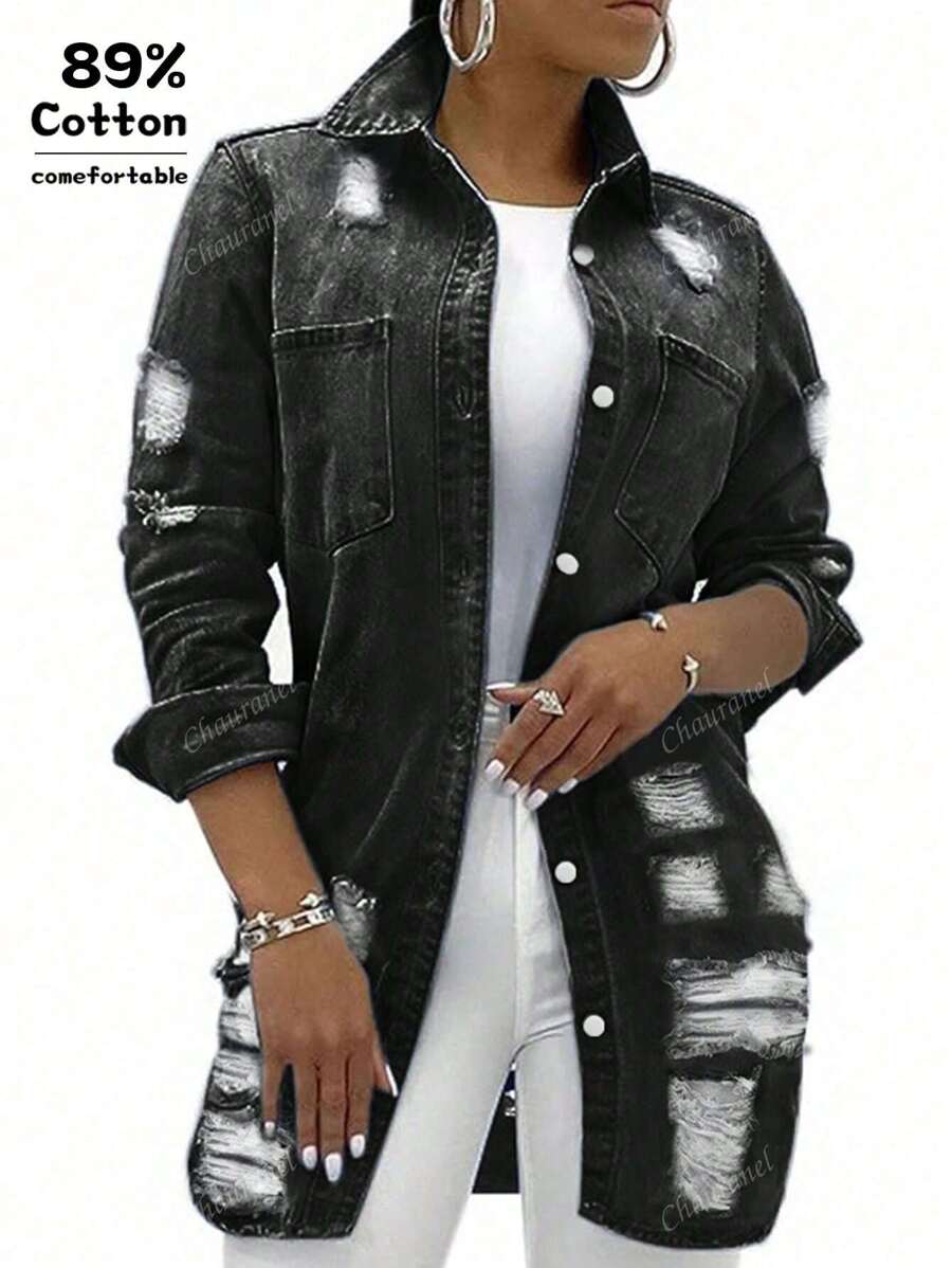 Chaqueta de mezclilla casual de longitud media desgastada y desgarrada para mujer