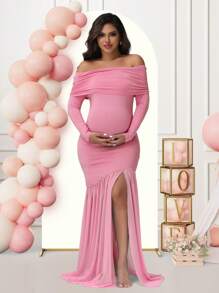 Maternity Long Sleeve Off Shoulder Dress Solid Color Mesh Paneled Split Hem Gown For Baby Shower Photoshoot Party