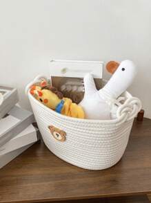 1pc White Minimalist Woven Cartoon Storage Basket, Suitable For Kids Room Toy Storage, Desk Organizer, Can Hold Diapers, Snacks, Cosmetics, Decorative Living Room Storage Basket