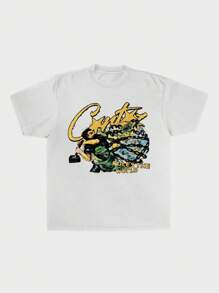 男士超大号休闲百搭简约时尚印花短袖T恤，春夏 - 白色 - 查看 2