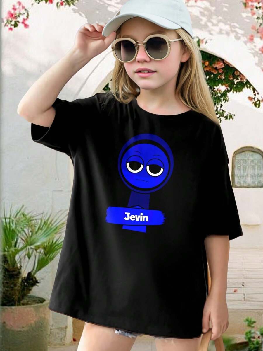 Custom Kids' Blue Character T-Shirt - Personalized Name Tee For Boys Girls - Birthday Gift Back To School Casual Wear - Youth Shirt - Black - View 1