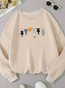 Women's Cute Printed Sweatshirt, Round Neck, Comfortable, 100% Cotton - 卡其色 - 查看 1