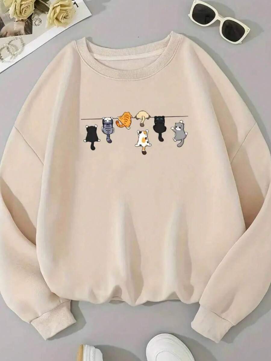 Women's Cute Printed Sweatshirt, Round Neck, Comfortable, 100% Cotton - 卡其色 - 查看 1