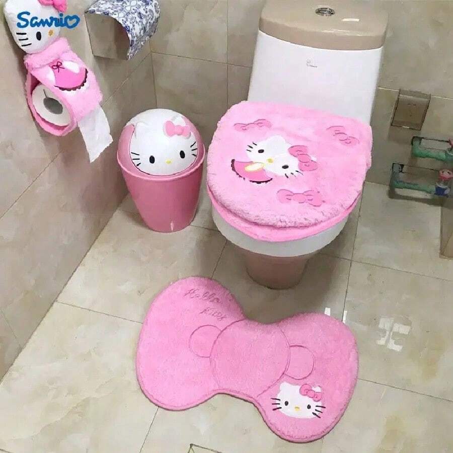 Sanrio Hello Kitty 3pcs Bathroom Set: Soft & Absorbent Carpet, Contour Mat & Toilet Seat Cover - Cozy Polyester Blend For Comfort & Style, Sanrio Bathroom Decor Fall Decor