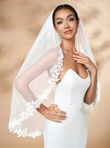 1 pieza Velo de novia corto y suave de tul de marfil con encaje