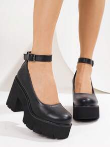 Women's Black Round Toe Platform Wedge Sandals, Casual Vacation Thick Sole Fashion,Mary Janes - Black - View 4