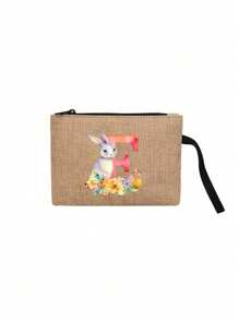 1pc Khaki Linen Makeup Bag With Letters And Rabbits Printed On It, Rabbit Print Fashionable Wreath Letter Pattern,Coin Wallet, Makeup Bag, Ladies' Birthday Gift, Teacher's Thank You Gift - Khaki - View 25