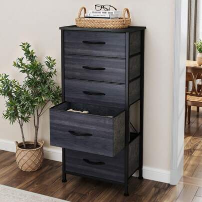Chest Of Drawers, 5-Drawer Storage Organizer Unit For Bedroom Living Room Closet, Sturdy Steel Frame, Easy Pull Fabric Bins & Wooden Top, Fabric Dresser