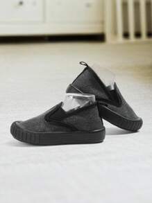 1 Pair Boys' Black Canvas Double Elastic Band Flat Casual Sneakers, Fashionable Simple Style, Comfortable & Breathable For Everyday Wear