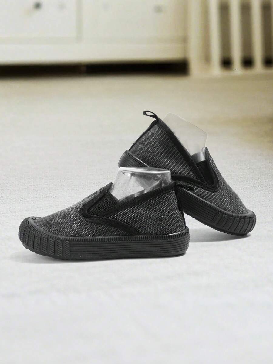 1 Pair Boys' Black Canvas Double Elastic Band Flat Casual Sneakers, Fashionable Simple Style, Comfortable & Breathable For Everyday Wear