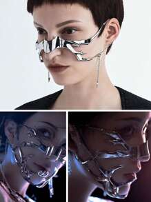 2 piezas Máscara de media cara estilo ciberpunk gótico, máscara punk para juego de roles, decoración de fiestas, joyería asimétrica de metal unisex, cadena de cara de acero líquido plateado para mujeres y hombres en Halloween