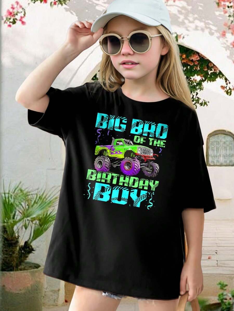 Big Brother Birthday Monster Truck T-Shirt Kids Short Sleeve Graphic Tee Cool Birthday Gift For Boys Toddlers Soft Cotton Summer Tee Shirt - Kids Boys Girls Shirt - 黑色 - 查看 1