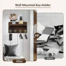 8.5 Inch Wooden Wall Mounted Key Holder Organizer, 4-Hook Entryway Decorative Wall Rack For Living Room, Kitchen (Brown) - Multicolor - View 6
